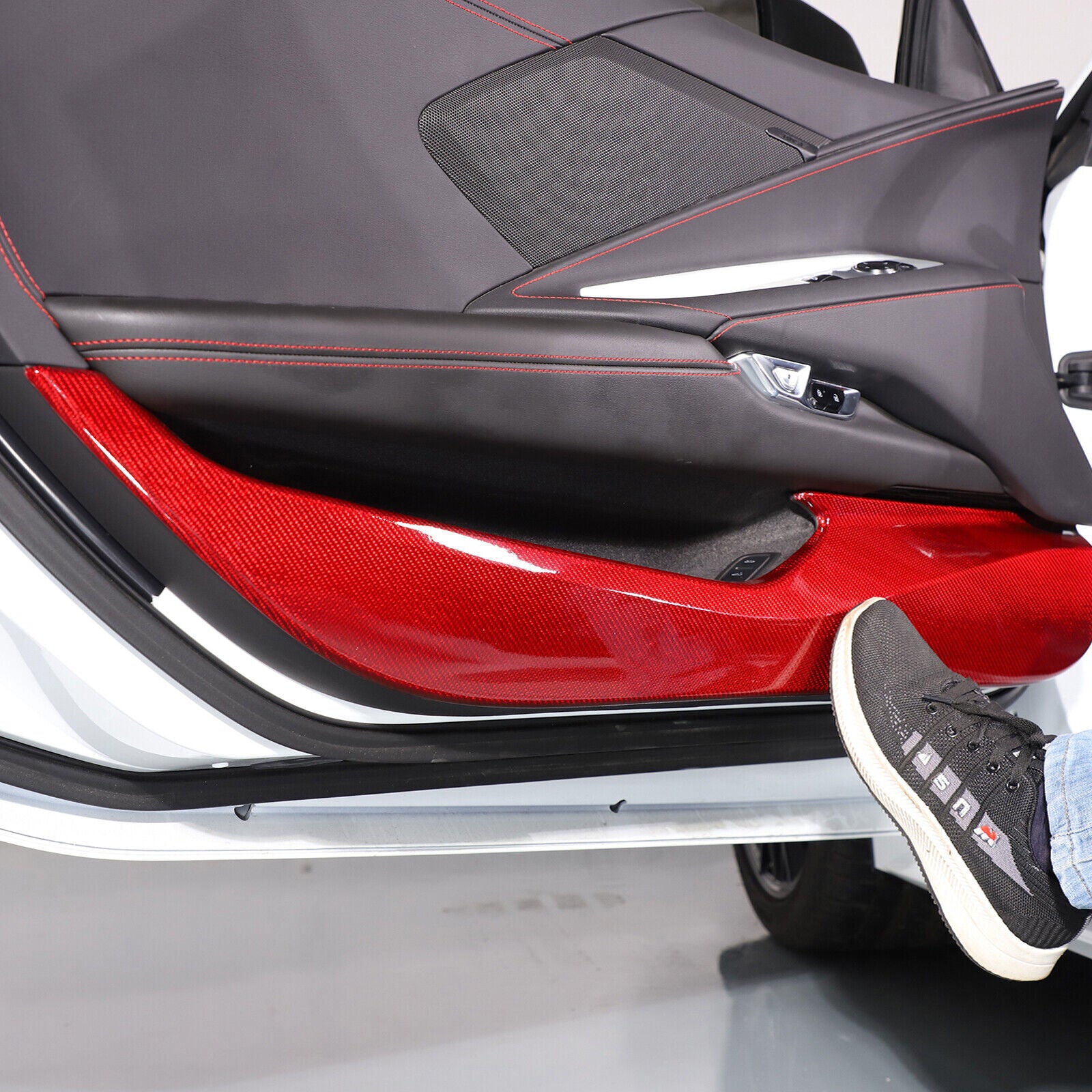 C8 Corvette Hard Carbon Fiber Door Kick Panel Trim Cover Kit | Black / Red