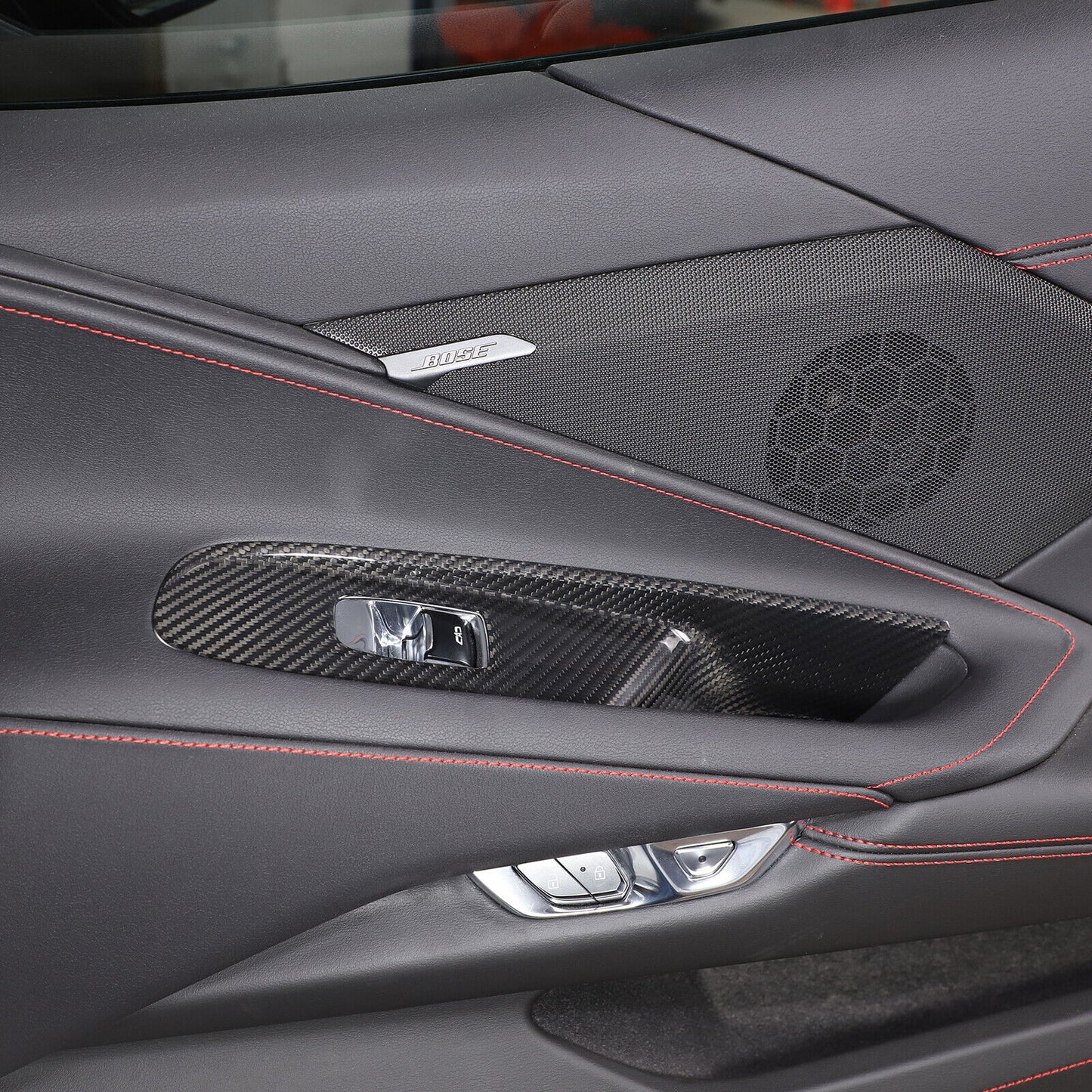 C8 Corvette Carbon Fiber Window Switch Panel Covers (Coupe/Convertible) | Black / Red / Blue Carbon