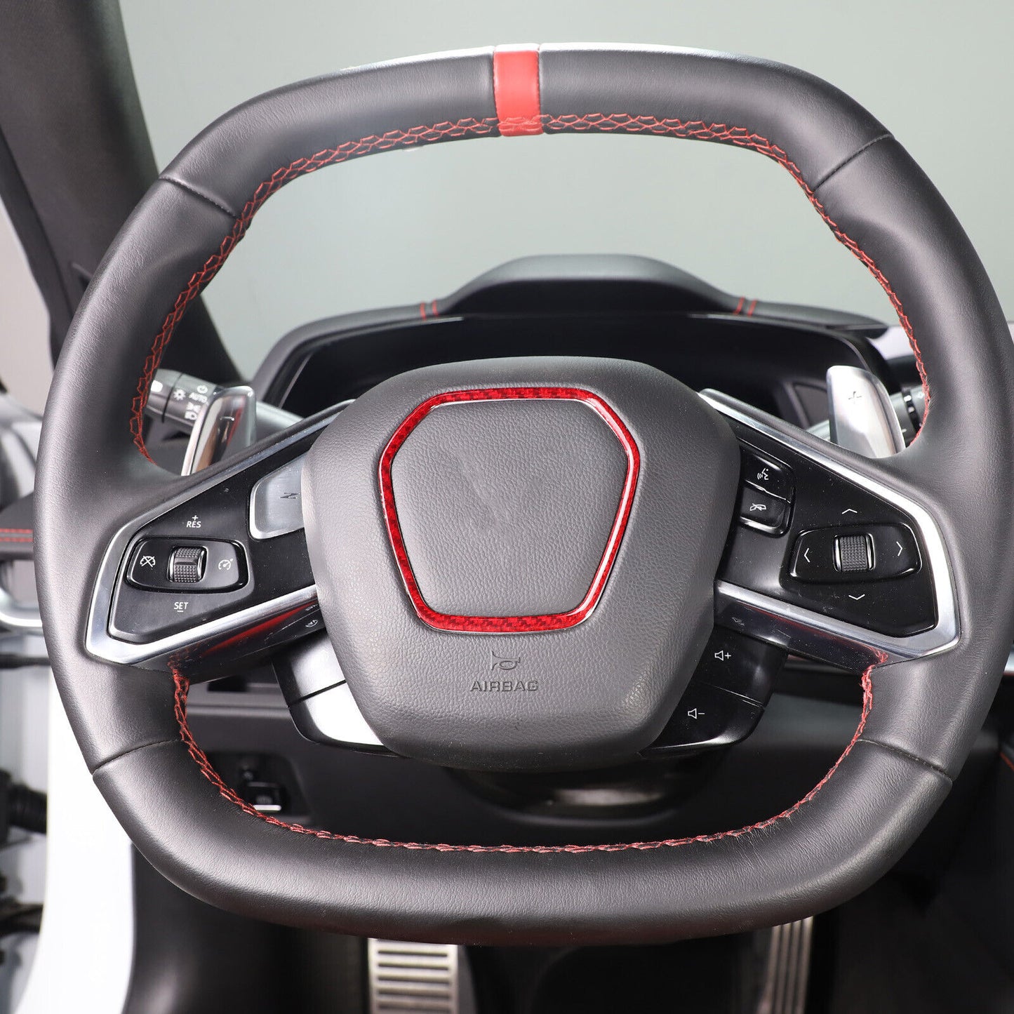 C8 Corvette Red Carbon Fiber Center Steering Wheel Chrome Trim Cover | Next-Gen Carbon
