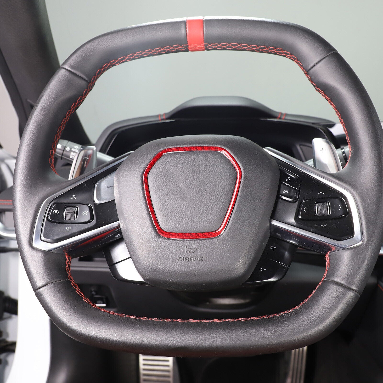 C8 Corvette Red Carbon Fiber Center Steering Wheel Chrome Trim Cover | Next-Gen Carbon