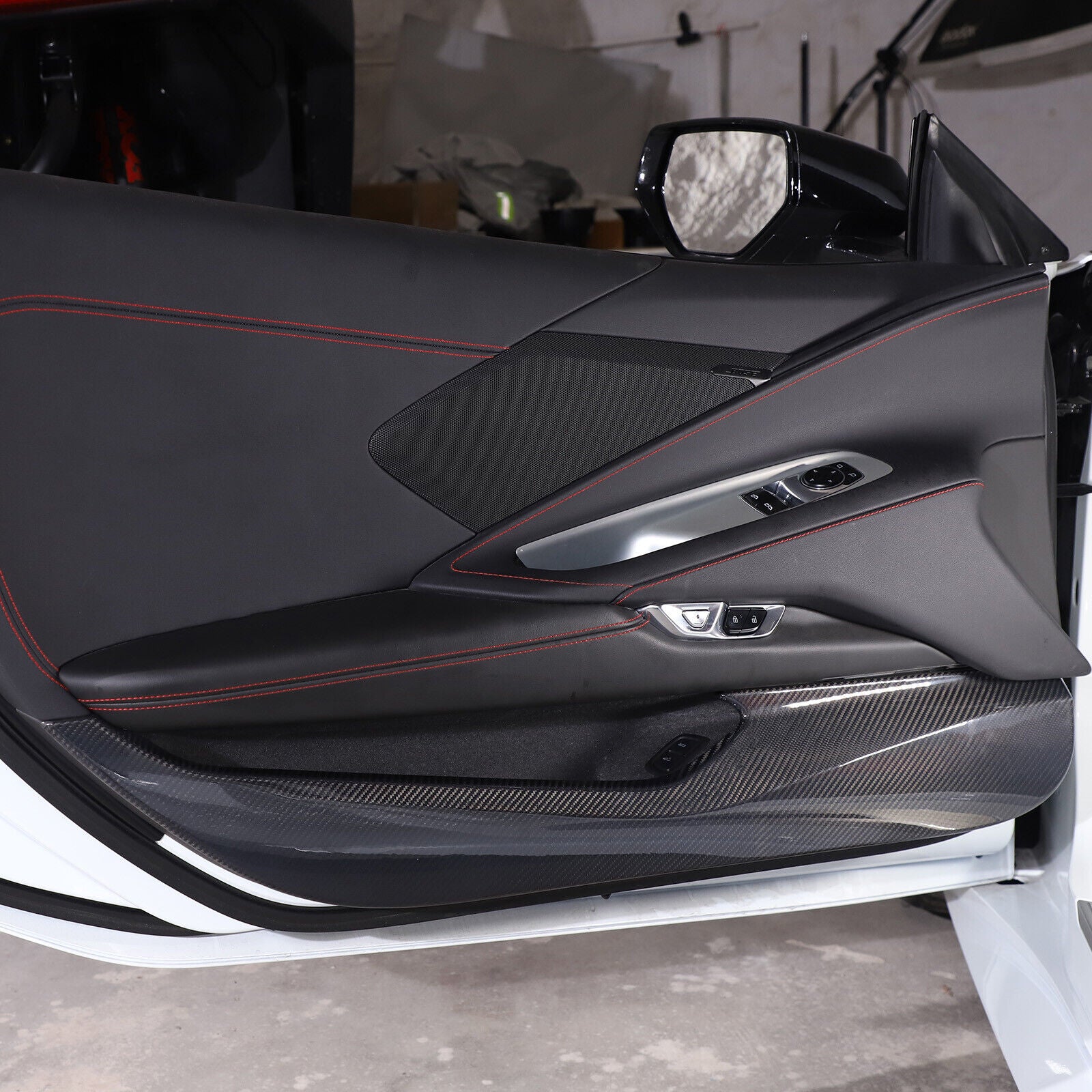 C8 Corvette Hard Carbon Fiber Door Kick Panel Trim Cover Kit | Black / Red