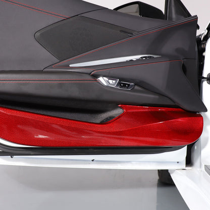 C8 Corvette Hard Carbon Fiber Door Kick Panel Trim Cover Kit | Black / Red