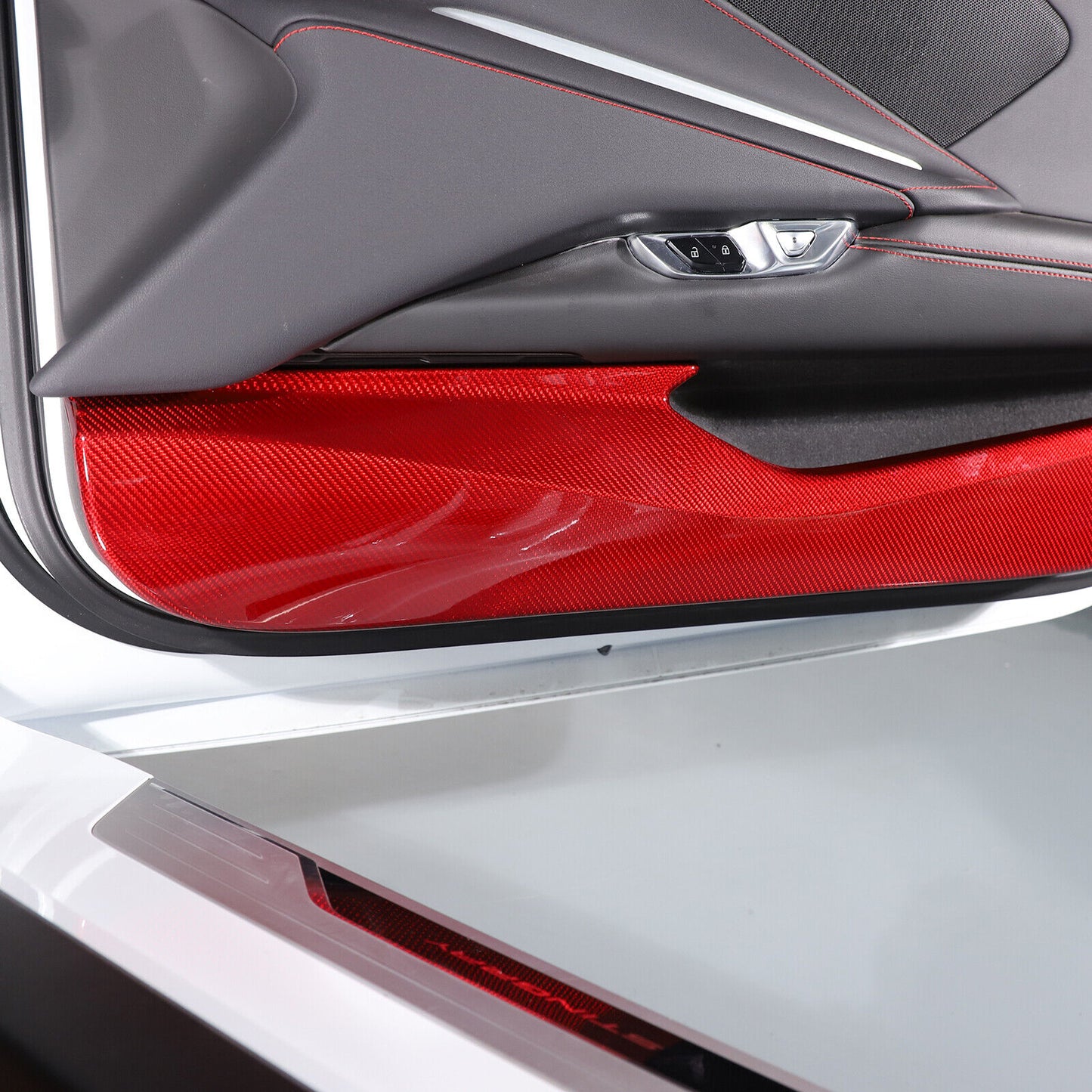 C8 Corvette Hard Carbon Fiber Door Kick Panel Trim Cover Kit | Black / Red
