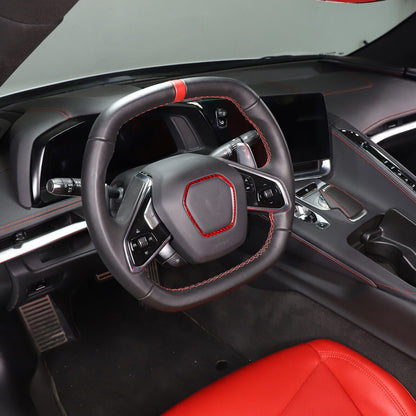 C8 Corvette Red Carbon Fiber Center Steering Wheel Chrome Trim Cover | Next-Gen Carbon