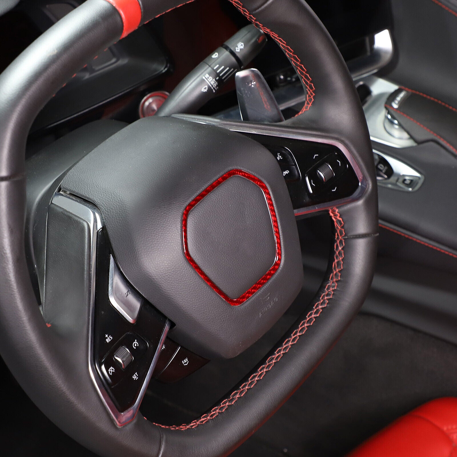 C8 Corvette Red Carbon Fiber Center Steering Wheel Chrome Trim Cover | Next-Gen Carbon