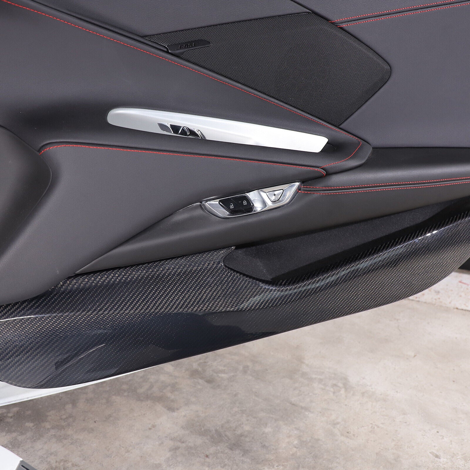 C8 Corvette Hard Carbon Fiber Door Kick Panel Trim Cover Kit | Black / Red