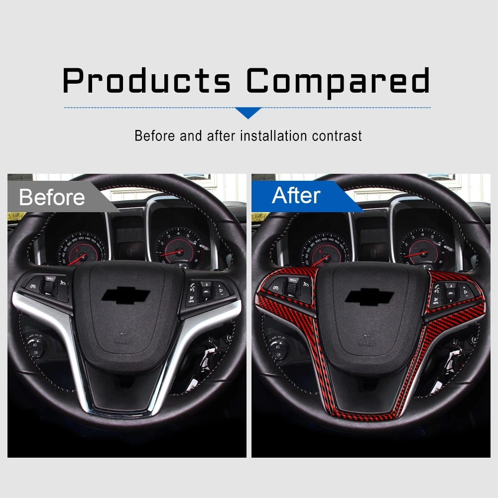 2013-15 Camaro Real Carbon Fiber Steering Wheel Trim Cover Kit | Black / Red Carbon