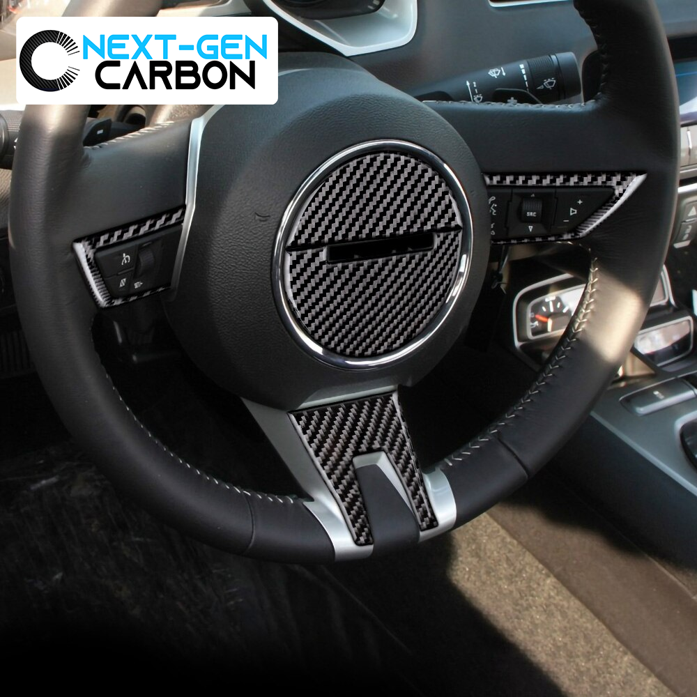 2010 - 12 Camaro Real Carbon Fiber Steering Wheel Trim Cover Kit | Black / Red Carbon
