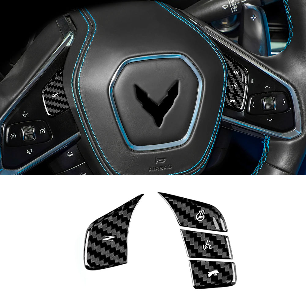 C8 Corvette Carbon Fiber Steering Wheel Button Cover Kit | Black / Red Carbon Fiber